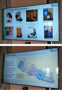 (top: ENPHO promoted technologies, including chlorine disinfectant drops, water filtration systems, eco-toilets, re-usable sanitary pads for girls, and water testing kits; bottom: ENPHO’s reach throughout Nepal over the last 32 years, with projects completed in all 77 districts and directly benefitting more than 4 million people; photo credit Erica Forgione)
