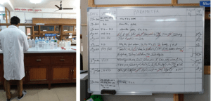 (left: ENPHO lab tech preparing samples for analysis, water samples can be brought to ENPHO by anyone to test for potability and contamination; right: ENPHO water lab current sample list, including samples slated to be tested for a range of parameters including bacterial contamination (E.Coli, total coliform), heavy metals (ex. arsenic and lead), and other qualities such as nutrients, pH, and taste; photo credit Erica Forgione)